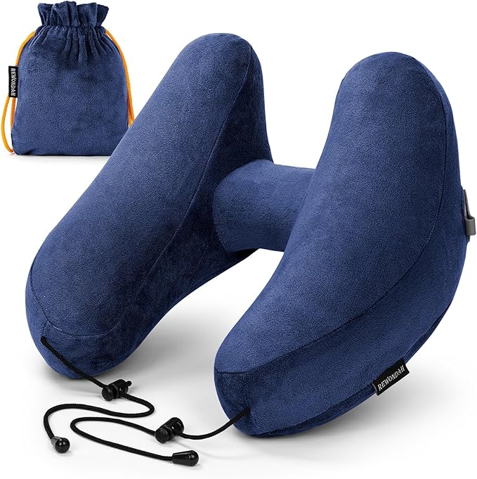 Inflatable Travel Pillow, H-Shape Inflatable Neck Pillow for Traveling on Plane, Washable Cover Travel Pillow Airplane Pillow for Neck Support, Blow up Neck Pillows for Air Travel