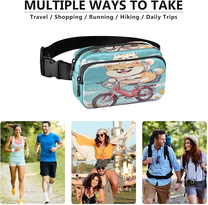 Cute Corgi Dog Cat Riding Bike Fanny Pack for Women Men Water Resistant Fashion Waist Packs with Adjustable Strap Belt Bag for Travel Workout Jogging Hiking 21220564