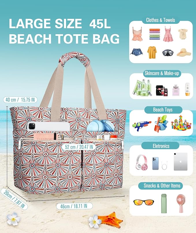 HUANLANG Large Beach Bags for Women Pool Bag with Zipper, Waterproof Sandproof Beach Tote Travel Bag with Wet Pocket | Waterproof, Large capacity, Dry/wet separation, Durable fabric, Cooling function, sandproof