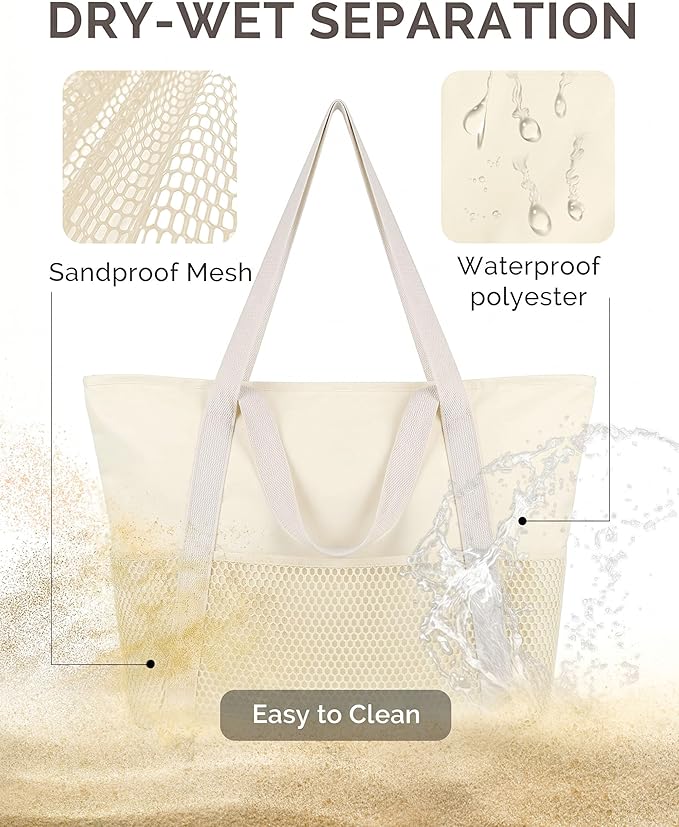 HOMESPON Beach Bag Large Waterproof Sandproof Tote for Women with Zipper and Mesh Pockets