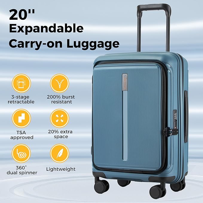 20“ Expandable Carry on Luggage Front Opening, 22x14x9 Airline Approved Hardshell Spinner Carry-on Suitcase with Wheels, TSA Lock, Lightweight Durable Travel Luggage (Pearl Blue, 20 inch)