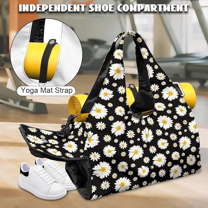 Daisy Flower Sports Gym Duffle Bag with Shoes Compartment Large Personal Item Travel Bag Beach Swim Overnight Weekender Duffel Carry On Bags, Black