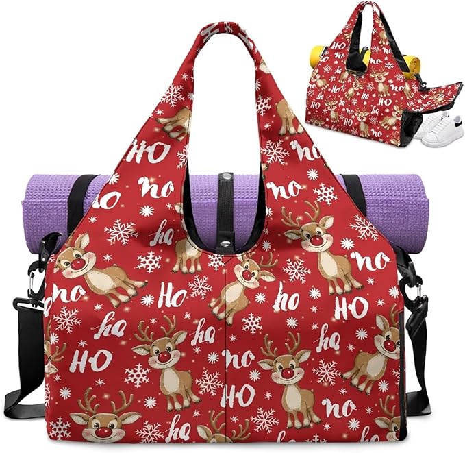 Christmas Reindeer Cute Gym Bag for Women with Yoga Mat Holder Sports Weekender Bags with Shoe Compartment Mini Duffel Bag for Travel Carry On Stylish Christmas Bag, Red
