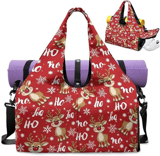 Christmas Reindeer Cute Gym Bag for Women with Yoga Mat Holder Sports Weekender Bags with Shoe Compartment Mini Duffel Bag for Travel Carry On Stylish Christmas Bag, Red