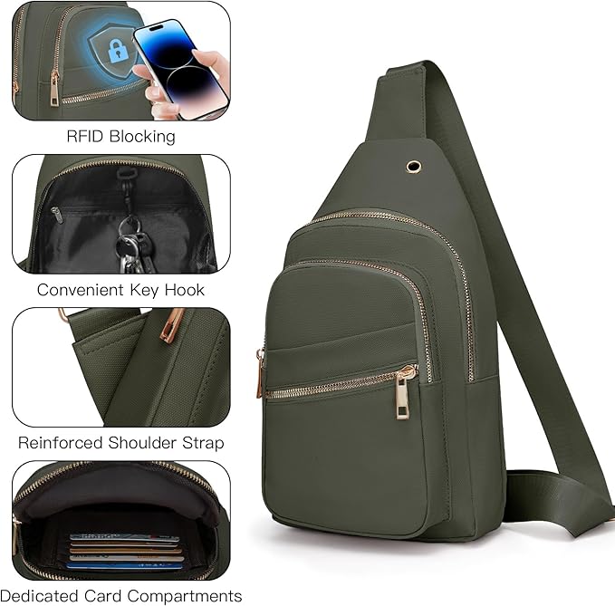 Small RFID Waterproof Sling Bag Travel Crossbody Bags for Women Men, Hands Free Lightweight Sling Backpack Chest Pack Daypack for Outdoors Hiking Traveling Fitness Sport Commuting Green