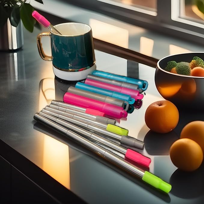 Reusable Metal Straws Travel 3 Pack Collapsible Straw with Case and Cleaning Brush Retractable Portable Pocket Straws