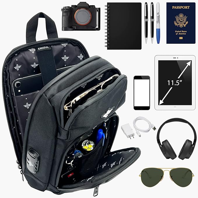 Equinox Sling Backpack Anti Theft Combination Lock Chest Shoulder Bag Waterproof Crossbody Casual Daypack (Black)