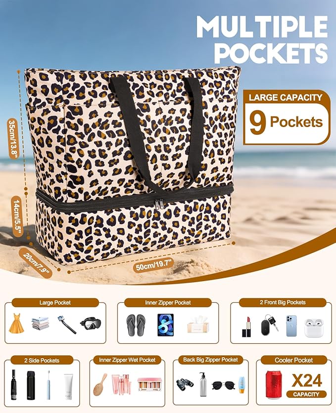 ISEYOU Beach Bag with Cooler, 49L Large Family Beach Tote with Zipper, Waterproof Sandproof Beach Bags for Women and Men, Foldable Lightweight Travel Bag for Pool, Picnic, Gym