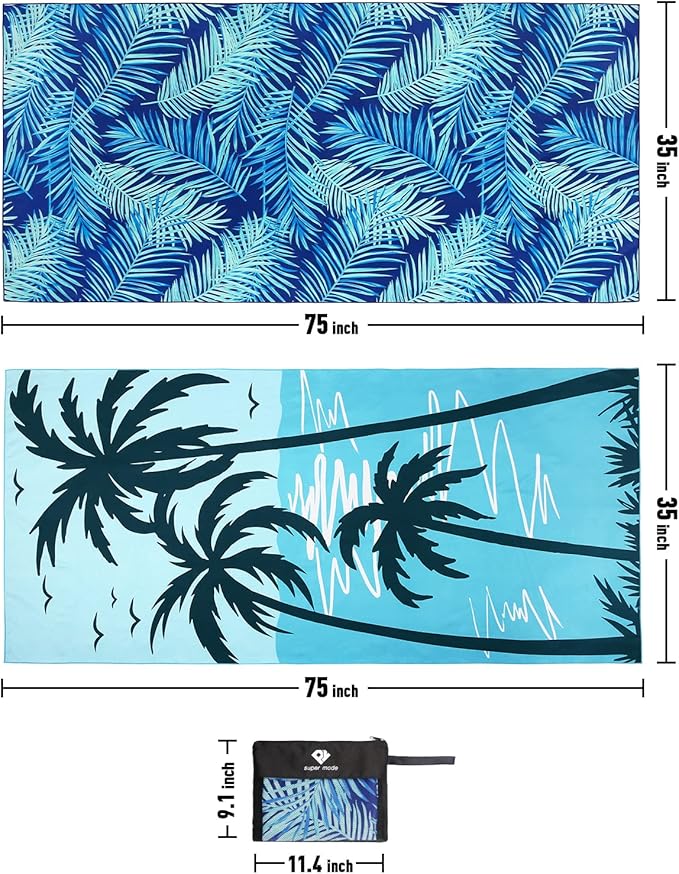 2 Pack Microfiber Beach Towel: Oversized Microfiber Pool Towel 75”x 35”, Sand-Free Beach Towel, Quick Drying Camping Towel, Super Absorbent Bath Towel Blanket, Lightweight for Kids & Adults