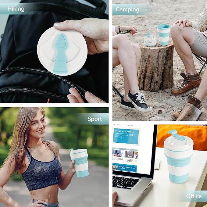 2Pcs Collapsible Cup for Traveling, Collapsible Silicone Travel Cup for Hot and 2 Drinks, Leak Proof Silicone Folding Travel Coffee Mug for Camping & Hiking, BPA Free 12oz Blue