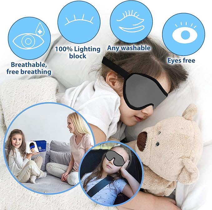 3D Sleep Mask for Kids, Light Block Sleeping Blindfold Memory Foam Contoured Eye Mask for Sleep, Adjustable Strap Eye Cover and Travel Sleep Mask for Boys Girls, Grey