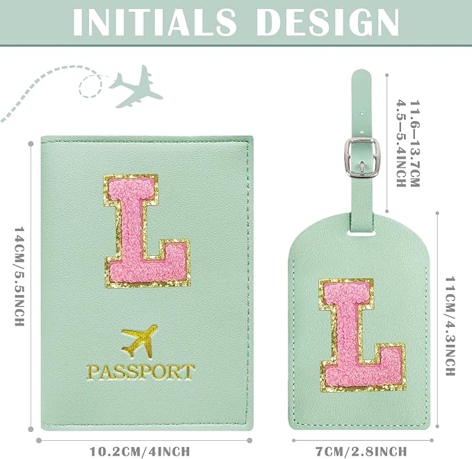 COSHAYSOO Initial Passport Cover Luggage Tag Set Letter Passport Holder Airplane Cruise Travel Essentials Vacation Traveling Accessories Personalized Gifts for Women Teen College Girls Teal L