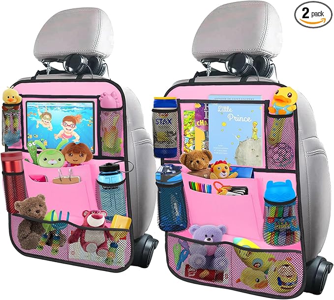 Car Backseat Organizer with 11" Table Holder, 10 Storage Pockets Seat Back Protectors Kick Mats for Kids Toddlers, Travel Accessories, 2 Pack, Pink