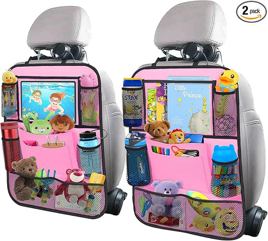 Car Backseat Organizer with 11" Table Holder, 10 Storage Pockets Seat Back Protectors Kick Mats for Kids Toddlers, Travel Accessories, 2 Pack, Pink