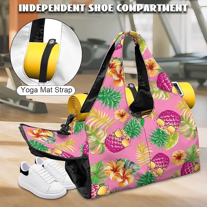 Gym Bag with Shoes Compartment, Pineapple Gym Bags for Women with Yoga Mat, Detachable Strap, Ventilated Lightweight Overnight Bag