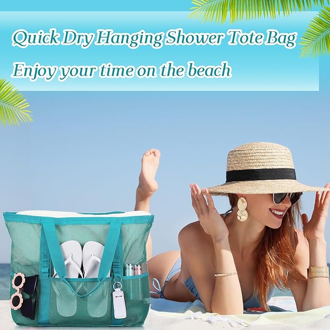 Hillban Large Beach Mesh Bags Bulk for Women Beach Tote Bag with 8 Pocket Zipper Waterproof Sandproof for Pool Cruise Ship