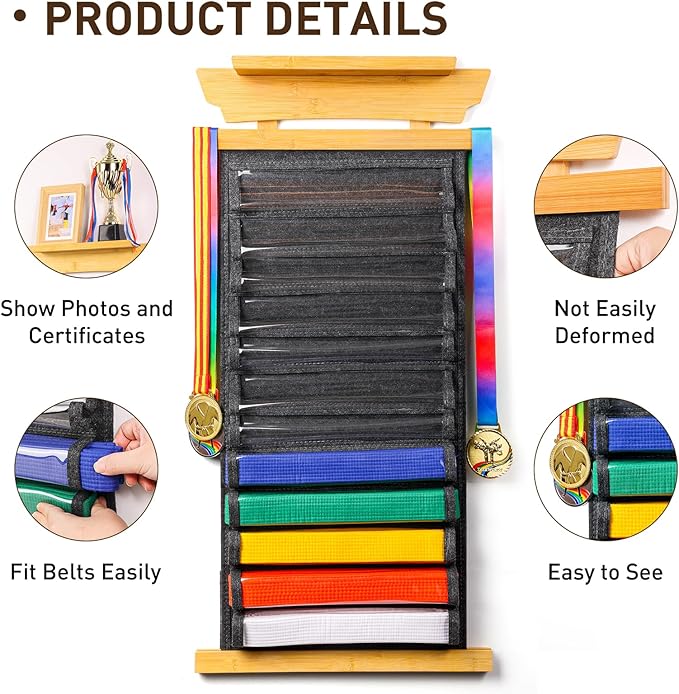 Tilhumt 10/12 Belts Karate Belt Display Rack with Photo Shelf, Felt Taekwondo Belt Display Rack Martial Arts Belt Display for Adults TKD, BJJ