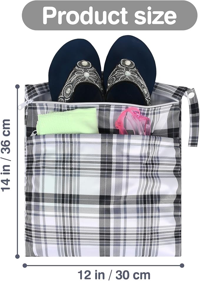 2pcs Cloth Diaper Wet Dry Bags Waterproof Reusable with Two Zippered Pockets Travel Beach Pool Daycare Soiled Baby Items Yoga Gym Bag for Swimsuits or Wet Clothes- Plaid