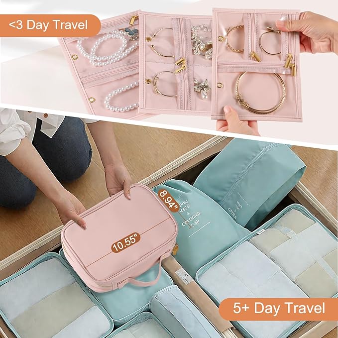 Travel Jewelry Case Organizer for Women, Jewelry Storage Book with Small Pouch, Travel Jewelry Bag Case for Traveling Necklace, Earrings, Rings, Bracelet Organizer (Pink)