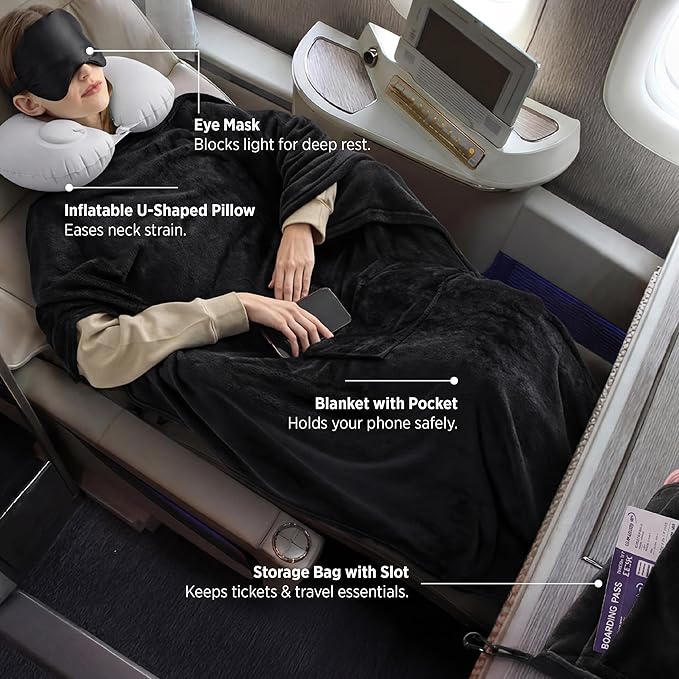 Bedsure Travel Blanket and Pillow Set with Inflatable Neck Pillows, Eye Mask and Storage Bag, Lightweight 3-in-1 Airplane Packable Blanket, Compact Travel Essentials, Black