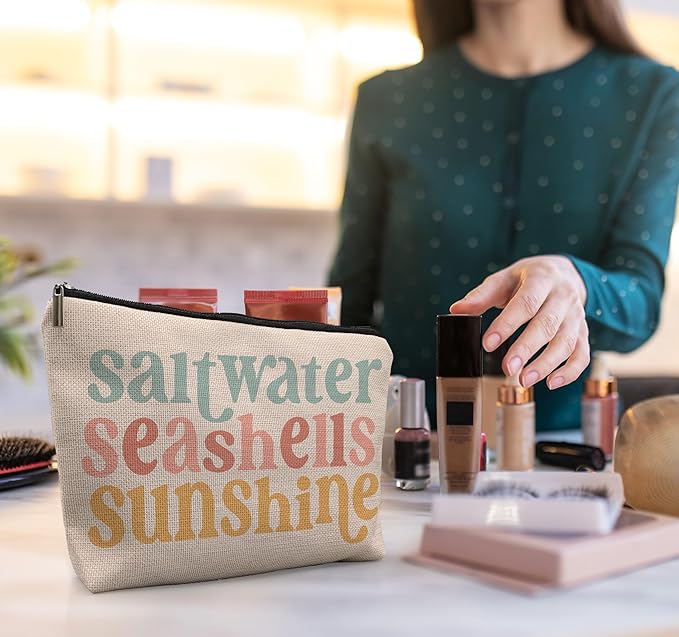 Beach Makeup Bag,Sunscreen Summer Travel Makeup Pouch,Saltwater Seashells Sunshine Travel Cosmetic Zipper Bags for Women,Beach Gifts for Women