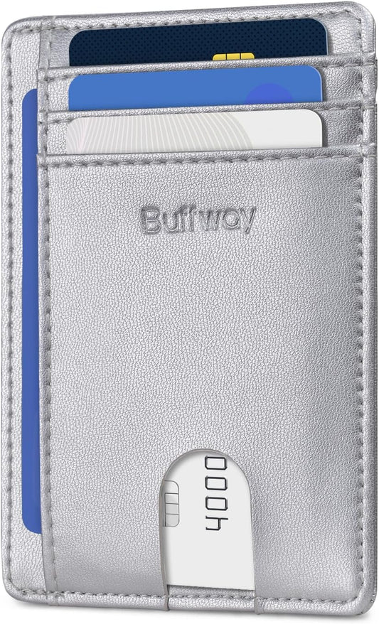 Buffway Slim Minimalist Front Pocket RFID Blocking Leather Wallets for Men and Women - Sand Silver