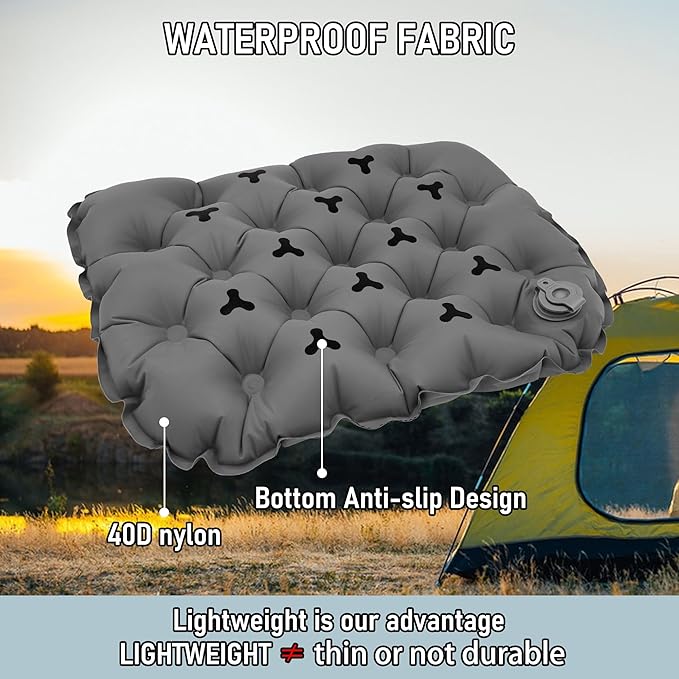 Inflatable Seat Cushion, Lightweight Stadium Seat Pad, Travel Air seat Cushion Anti-Slip for Airplane, Hiking, Climbing, Home and Camping,Gray