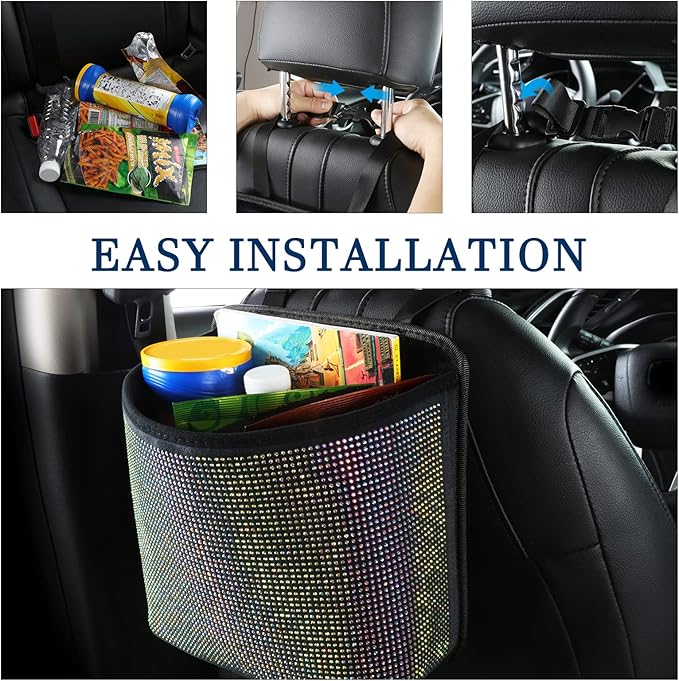 Cavalcade Car Back Seat Organizer, Bling Hanging Pocket, Large Seat Back Travel Caddy Bag, Diamond Trash Bin Garbage Container (Multicolor)