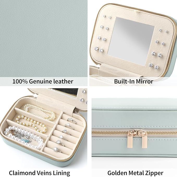 Genuine Leather Travel Jewelry Organizer Case with Mirror for Women, Small Mini Portable Jewelry Box for Ring Earrings Necklace Bracelet Luxury Gift for Women（Burgundy）