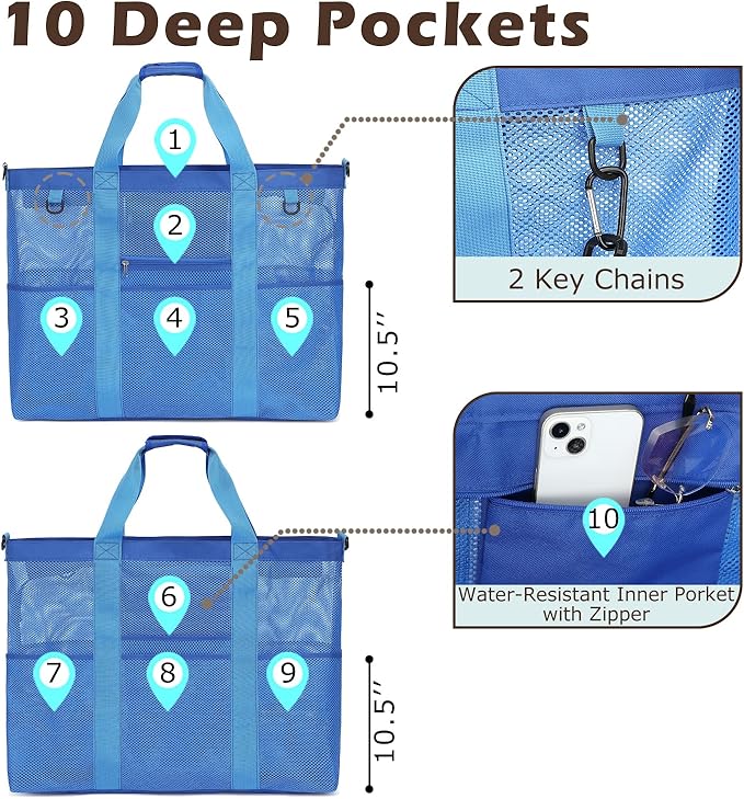 Mesh Beach Bag with Zipper, Large Beach Tote for Women, Toys Pool Swim Bag Travel Vacation Cruise Essentials