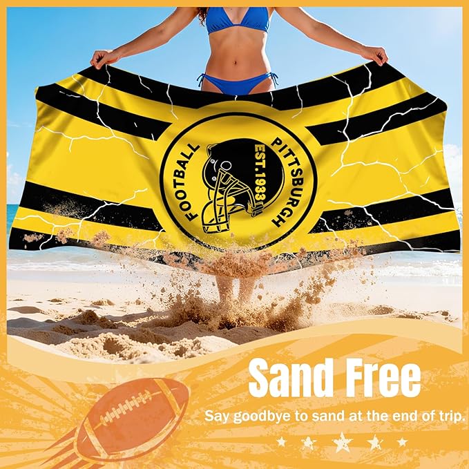 Football Fan Thin Lightweight Microfiber Beach Towel Pittsburgh Themed Men Women Stuff Steelers Oversized Team Boyfriend Father Friend Birthday Anniversary Gag Funny Personalized Unique Gift