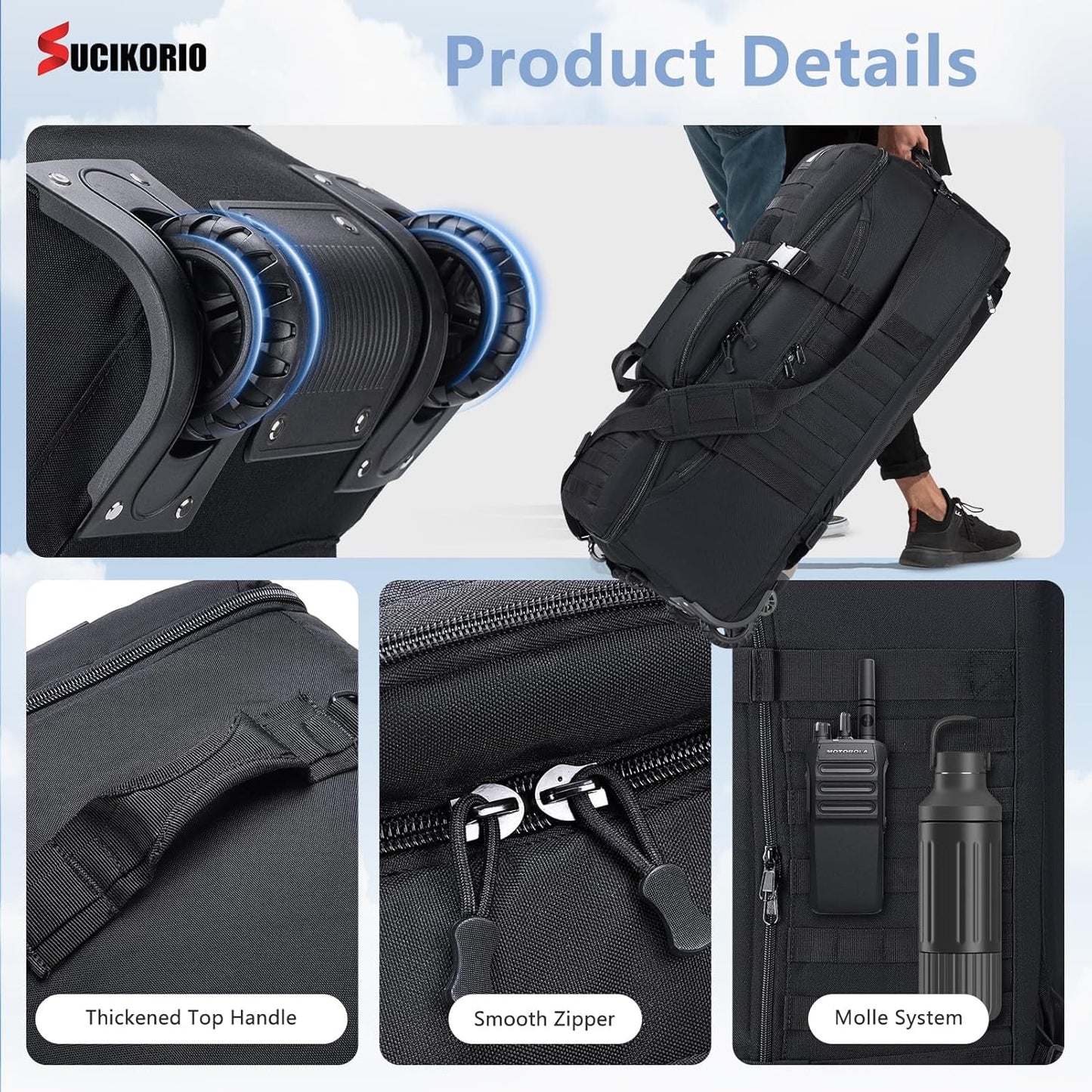 Tactical Travel Duffle Bag with Wheels and Handle 3 in 1 Large 85L XL Rolling Travelling Backpack Waterproof Oxford Carry On Hand Luggage Deployment Bags with Combination Padlock, Black