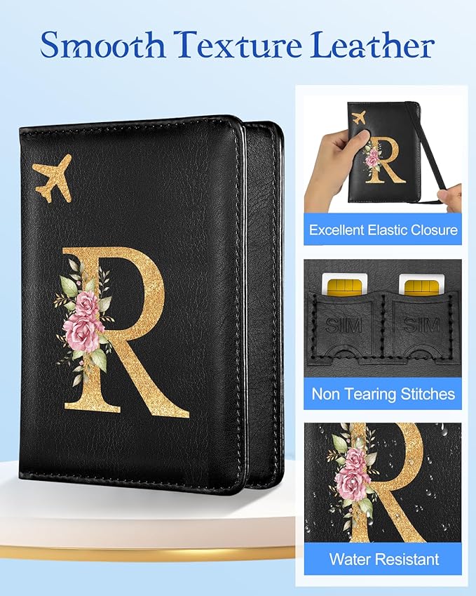 Slohif Initial Passport Holder Cover Wallet Case for Travel Women - Leather Letter Passport Book Family Multiple Personalized Organizer Slim Carrier Card Slots Protector Sleeve Essentials Black R
