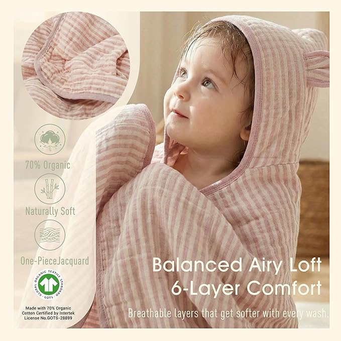 Ultra-Soft Muslin Toddler Hooded Towel – 55 x 28 Inches, Made with Organic Cotton, Gender-Neutral Dusty Pink Striped Jacquard Pattern, Ideal for Bath & Beach, Newborn to Toddler