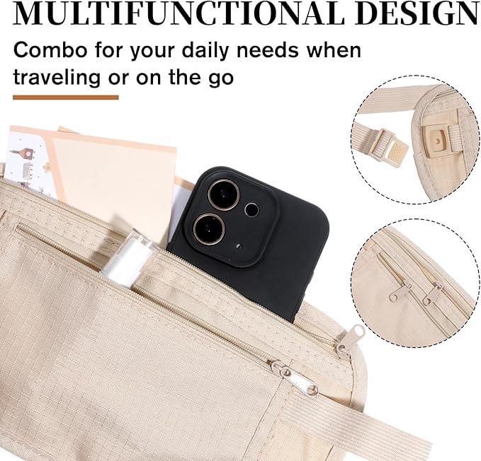 Unisex Money Belt for Men and Women Khaki RFID Security Pouch Anti-Theft Travel Money Belt Under Clothes Adjustable Strap Small Waist Pouch for Travel Running Hiking Cycling