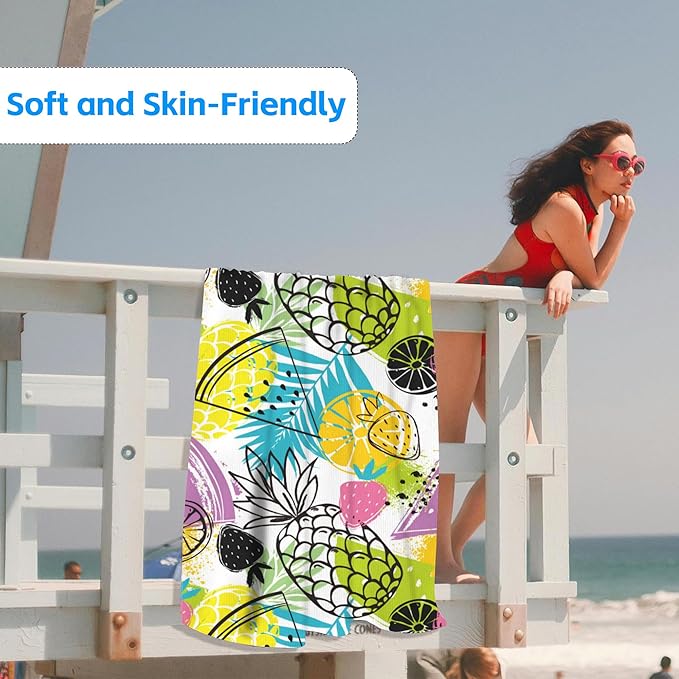 Strawberry Microfiber Beach Towels,Tropical Abstract Pineapple Strawberry and Orange Oversized Absorbent Bath Towels,Soft Quick Dry Thin Camping Towel for Adults Women Men,29.5"×59"