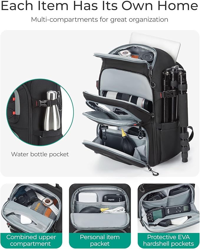 BAGSMART Camera Bag for Photographers, Professional Camera Bag Fits up to 15.6" Laptop, DSLR/Drones/Tripod Camera Case with Rain Cover, Grey
