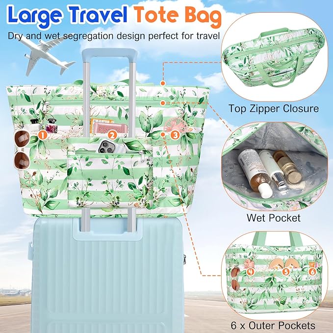 BKNOOU Extra Large Beach Bags Waterproof Sandproof XL Beach Tote Bag for Women Zipper Foldable Swim Pool Bag with Wet Pocket