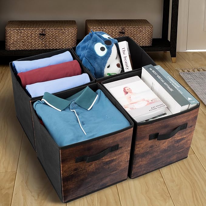 EWES 13 Inch Fabric Storage Cubes, 8 Pack Foldable Storage Bins with Handle, Storage Baskets Box for Shelves, Closet, Organizer, Rustic Brown and Black
