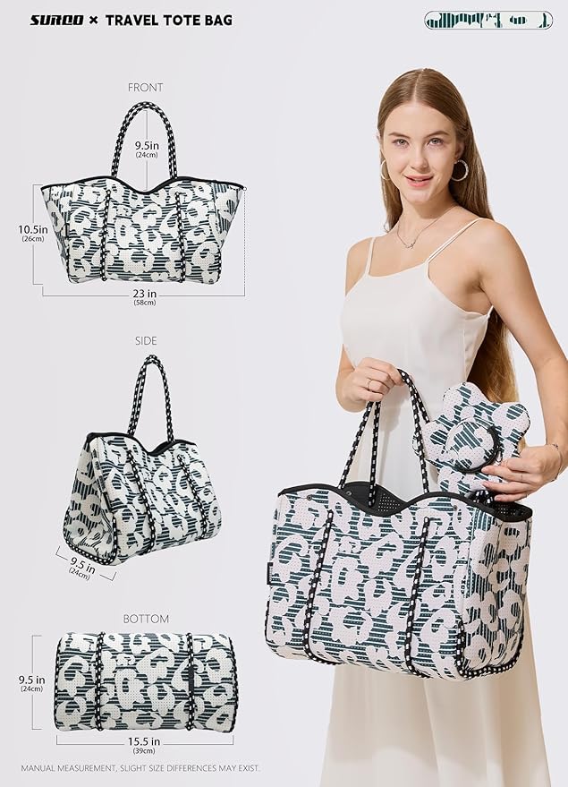 Neoprene Tote Bag for Women, Large Travel Beach Bag with Detachable Pouch, Stylish Lightweight Everyday Carryall