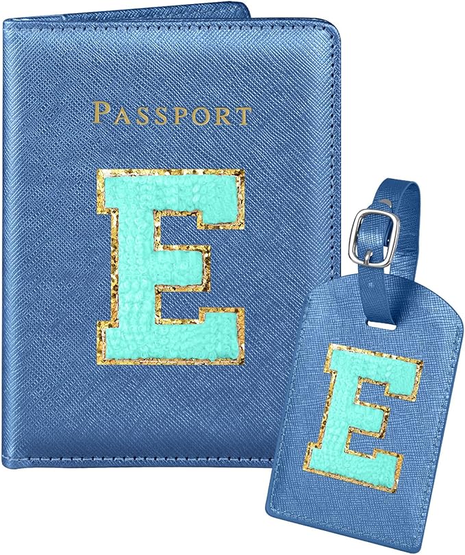 Slohif Passport Holder Initial Lugguage Tag Set Suitcase Cover Wallet Case for Travel Women - Leather Letter Passport Book Personalized Organizer Card Protector Sleeve Essentials Slim Carrier Blue E
