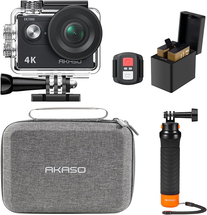 AKASO EK7000 4K30fps 20MP Action Camera EIS Ultra HD 131FT Waterproof Underwater Camera with Waterproof Floating Hand Grip Bundle and Carrying Case Helmet Accessories Kit Bundle