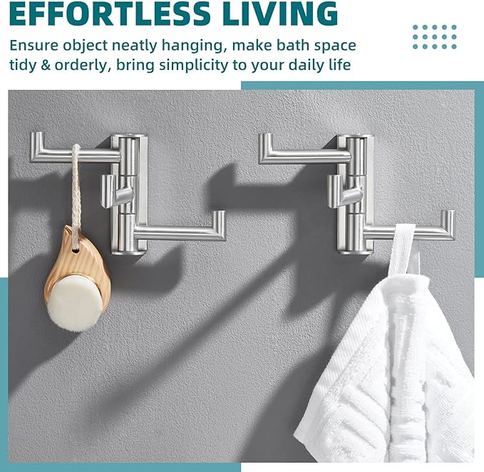 APLusee Swivel Towel Hook 2 Pack Brushed Nickel, 304 Stainless Steel Hook with Three Arms, Wall Mount