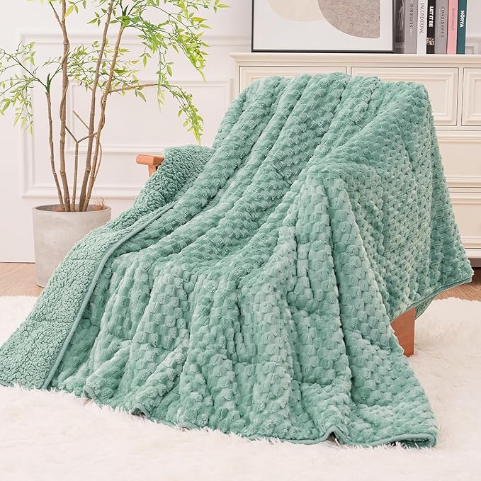 Super Fuzzy Soft Fleece Sherpa Weighted Blanket 20 lbs for Adults, 3D Imitation Turtle Shell Luxury Weighted Throw for Better Sleep, Dual Sided Cozy Heavy Blankets for Couch Bed, Sage Green, 60" x 80"