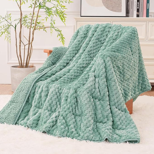 Super Fuzzy Soft Fleece Sherpa Weighted Blanket 15 lbs for Adults, 3D Imitation Turtle Shell Luxury Weighted Throw for Better Sleep, Dual Sided Cozy Heavy Blankets for Couch Bed, Sage Green, 48" x 72"