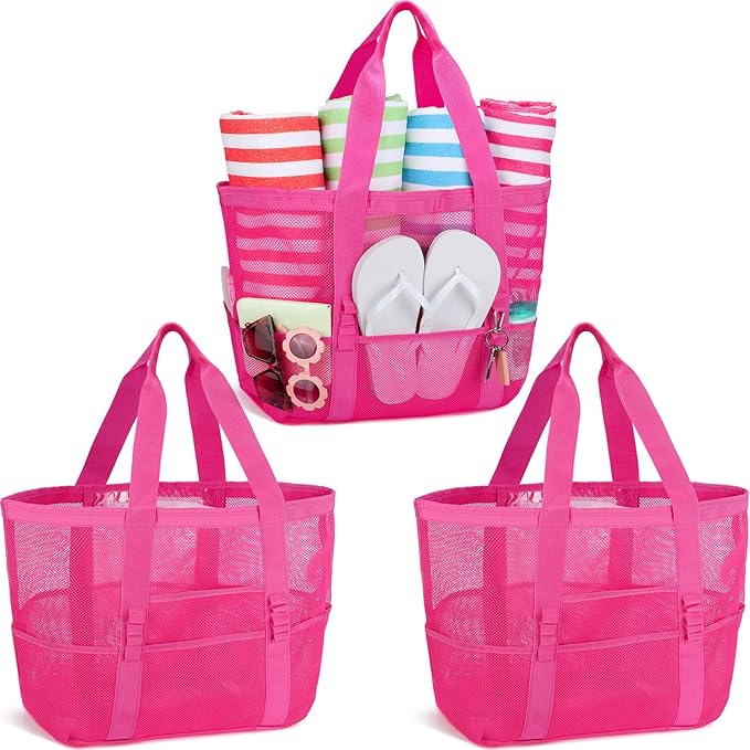 Hillban Large Beach Mesh Bags Bulk for Women Beach Tote Bag with 8 Pocket Zipper Waterproof Sandproof for Pool Cruise Ship