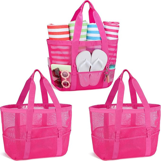 Hillban Large Beach Mesh Bags Bulk for Women Beach Tote Bag with 8 Pocket Zipper Waterproof Sandproof for Pool Cruise Ship