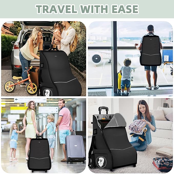 Car Seat Travel Bag with Wheels for Airplane, Waterproof Padded Car Seat Carrier Backpack for Airport, Fits Infant & Convertible Seats， Black