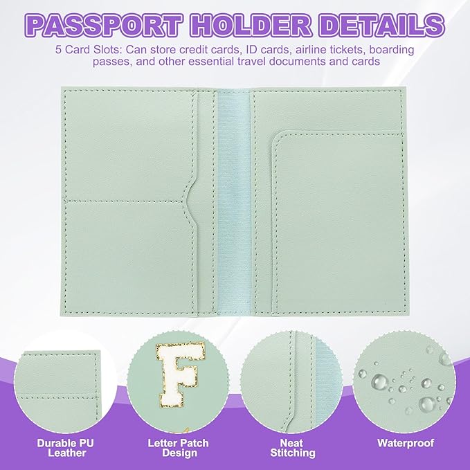PATIKIL Passport Holder for Travel, Initial Passport Cover and Luggage Tag Set with Alphabet Chenille Letter Patch Travel Wallet Bag Suitcase Identifier for Women Family Travel Green F