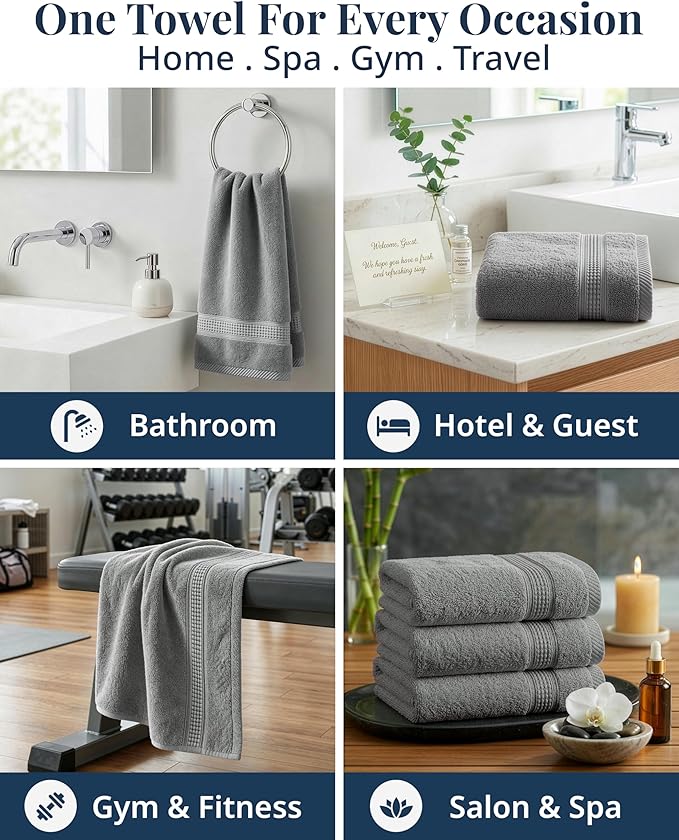 Grey Hand Towels for Bathroom - Pack of 6 (16" x 28") - 100% Cotton Double Stitched Edges - Ultra Soft, Quick Dry & Highly Absorbent - Everyday Comfort Hand & Face Towels for Family and Gym Use - Grey